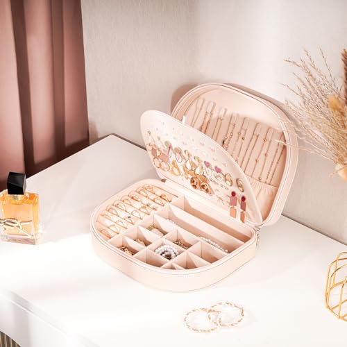 ProCase Travel Size Jewelry Box, Large Portable Seashell-Shaped Jewelry Case, 2 Layer Jewelry Organizer in PU Leather for Women -Champagne