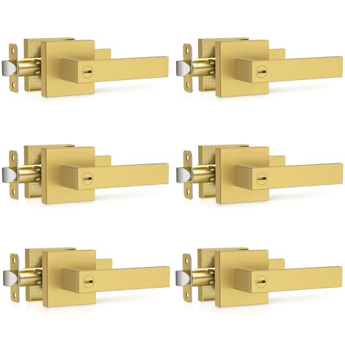 Plustool 6 Pack Brushed Gold Door Handles Interior Door Knob Heavy Duty Flat Square Privacy Door Locks Keyless Door Leverset for Bedroom and Bathroom