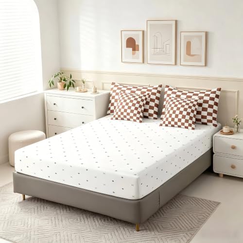 Image of Feelyou Checkered 7 Piece Bedding Set Teen Coffee Brown White Plaid Comforter Set with Sheets Twin Size Kids Boys Cute Retro Neutral Checkerboard Geometric Bed in a Bag Vintage Aesthetic Room Decor