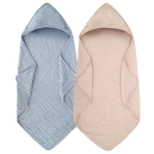 Image of ZOLLEFY 2 Pack Baby Hooded Bath Towel Muslin Cotton 32x32 Inches Brown and Misty Blue Neutral Style Elegant Colors Ultra Soft Absorbent