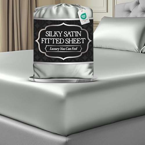 DECOLURE Satin Fitted Sheet Queen Size (1 PC) – Luxuriously Smooth & Softer Than Silk Bed Sheets w/ 15 Inch Deep Pocket Hypoallergenic Wrinkle Free, Secure Snug Fit, Elastic Corner Straps (Grey)