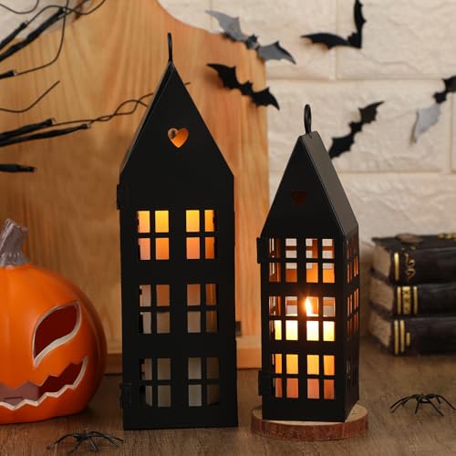 SiliFine 2 Set Christmas Black Houses Decor with 2 Pcs Candles Village Metal Modern Farmhouse...