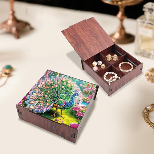 Image of DIY Diamond Art Storage Box, Peacock Design Wooden Diamond Painting Organizer with Flip-Top Lid and 4 Divided Compartments, for Craft, Jewelry, and Desktop Storage, Table Decoration Gift Accessories