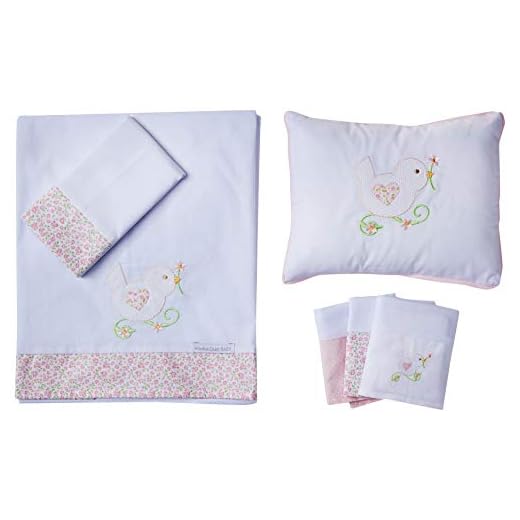Kit Mini Berço Passarinho Rosa (Jogo De Lençol Mini Berço+Almofadinha+Pano De Boca), Minha Casa Baby, Rosa