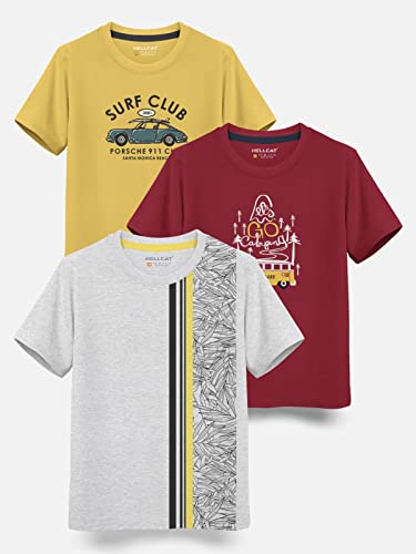 Image of HELLCAT Boys Round Neck Printed Blended Cotton Tshirt -Combo Pack of 2 - Orange /Blue