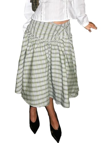 UAURORAO Women Gingham Midi Skirt Tie Up Waist Wrap Skirts Plaid Frill Ruffle Patchwork Maxi Skirt Vintage Streetwear