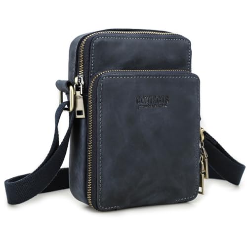 FAOONNMY Vintage Echtleder Crossbody Handytasche, Herren Kleine Handy Umhängetasche mit Verstellbarem Riemen, Multifunktionale Schultertasche Universal Reisetasche für 6,7-Zoll Telefone Navy Blue