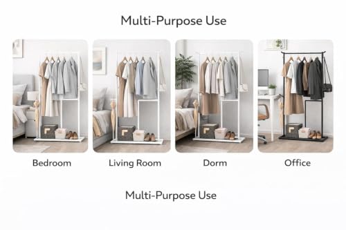 Image of Vasukie Heavy Duty Metal Clothes Rack with Bottom Storage Shelf & Side Hooks | Freestanding Garment Stand | Wardrobe Organizer for Bedroom, Living Room & Entryway (162.5 * 80.5 * 32.5) WHITE NEW