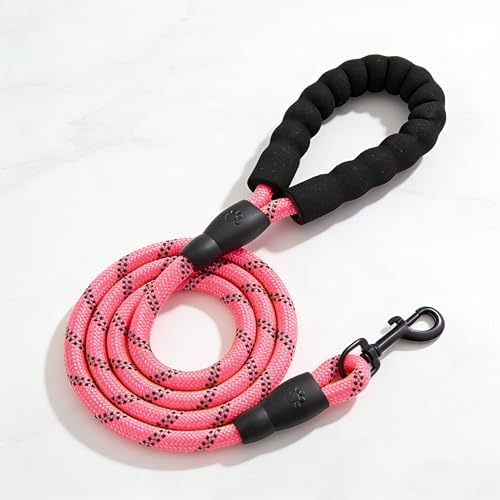 Reflective Dog Nylon Leash,4.9FT Heavy Duty & 0.3IN Thick Rope & Padded Handle, Explosion-Proof & Wear-Resistant, for Small Medium Dog Sizes, Ideal for Night Walks, Hiking & Gifting/QYS08-Pink-1.5M