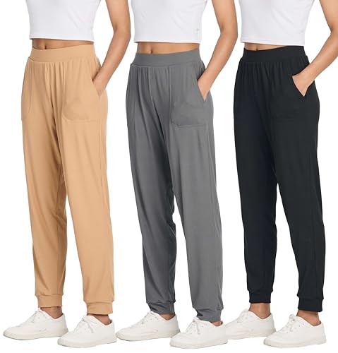 Real Essentials 3 Pack: Women's Ribbed Lounge Jogger Casual Pants Cuffed Sweatpants with Pockets (Available in Plus)