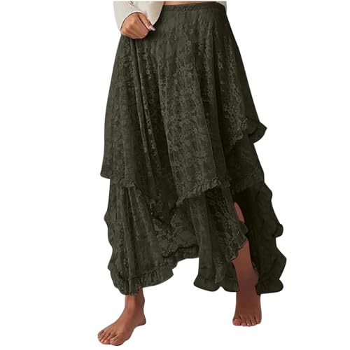 Womens Long Maxi Skirt Layered Elastic High Waist Tiered Irregular Hem Pleated Floral Lace A-Line Boho Long Skirts