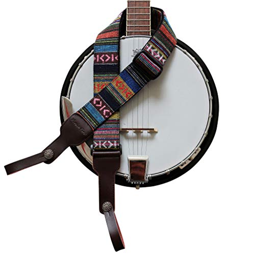 MUSIC FIRST Original Design, 2 inch width (5cm), Classic Country Style Yarn-dyed fabric & Genuine Leather Delux Banjo Strap, With 2 pieces of MUSIC FIRST Leather Strap Locker. (Classic Country Style)