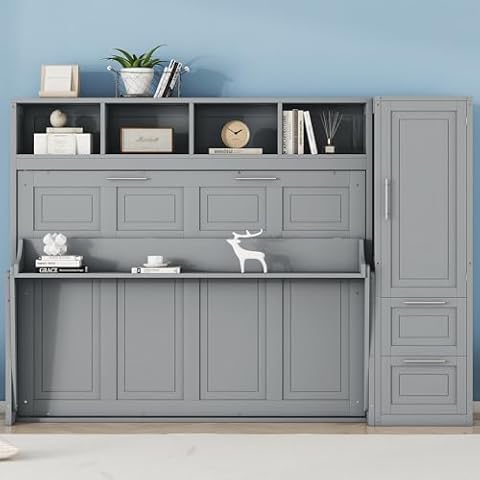 LZ LEISURE ZONE Full Size Murphy Bed, Wooden Full Cabinet Bed Wall Bed with Closet and Drawers, Gray Cover