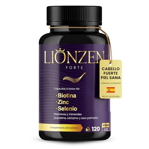 Biotina cabello piel y uñas con selenio y zinc – Vitaminas para el pelo + 17 ingredientes activos | 120 cápsulas | Queratina, cártamo, saw palmetto | Anticaída natural mujer y hombre | LIONZEN FORTE