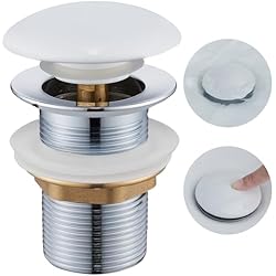 Valvula Automatica Fregadero Blanco Desagüe Lavabo sin Rebosadero, Ulytid Tapon Pop Up Lavabo con Tapa de Cerámica, Válvula Desagüe Click Clack Lavabo Universal G1 1/4´´ para Fregadero Baño y Aseo, Blanco