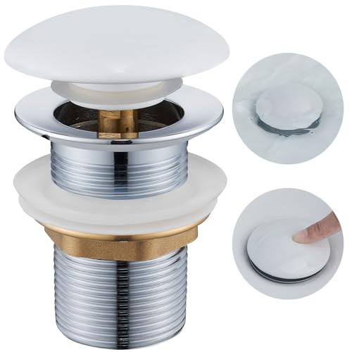 Desagüe Lavabo sin Rebosadero, Ulytid Tapon Pop Up Lavabo con Tapa de Cerámica, Válvula Desagüe Click Clack Lavabo Universal G1 1/4' para Fregadero Baño y Aseo, Blanco