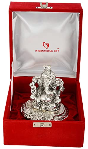 INTERNATIONAL GIFT® Silver Plated Pagdi Ganesh God Idol Statue Ox...