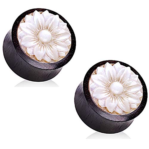 Pierced Owl Organic Sono Wood with Hand Carved Mother of Pearl Lotus Flower Saddle Plug Gauges, Sold as a Pair (19mm (3/4"))