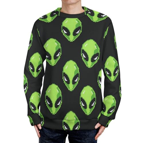 Image of Digital Alien Heads Crew Neck Sweater Oversized Long Sleeve Pure Cotton Casual Knit Pullover Sweatshirt L