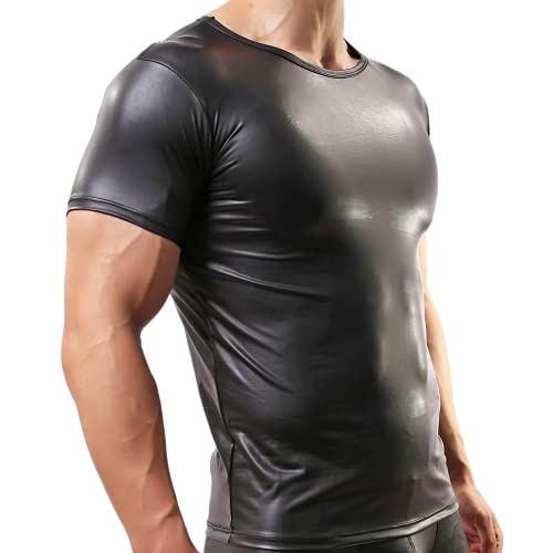 Men's Sexy Leather T-Shirt Slim Nightwear Tops Wet Look Undershirt Black4