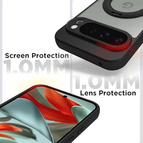 Image of RIGGEAR Shockproof Sleek Hybrid Armor 360 Rotating Magnetic Ring Stand Back Cover Case Compatible with MagSafe Accessories for Google Pixel 9 Pro XL (Clear PC + Black TPU Bumper)