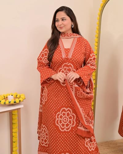 Image of Klosia Women Pure Cotton Kurta Pant Set with Dupatta | Bandhani Print Kurta Sets for Women | Comfortable Suit Sets|Regular Fit