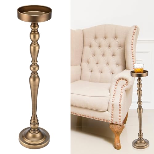 Yalikop Drink Table Pedestal Side Table Round Martini End Table Small Cocktail Drink Stand for Small Spaces Nightstand Bedroom Couch Chair Vintage Metal Decor 5.74 x 5.74 x 25.98 Brass (Novelty)