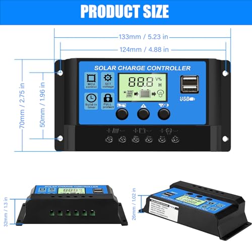 Image of 30A PWM Solar Charge Controller, 12V 24V Dual USB Solar Panel Battery Intelligent Regulator with LCD Display, Auto Parameter Adjustable, Timer Setting, Multiple Load Control Modes