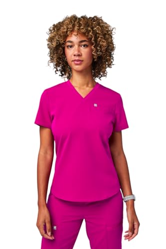 Fabletics Women's Vital 1-Pocket Scrub Top - MotionTech, Wrinkle-Resist, Chest Pocket, Anti-Shrink, Semi-Slim Fit, Hibiscus, Regular, L