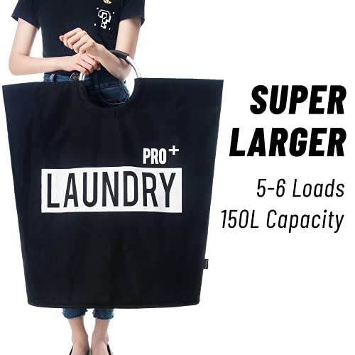 Caroeas Super Large 150L Laundry Basket Pro, Waterproof Laundry Hamper, Collapsible Laundry Basket Easy Storage, Clothes Hamper Stands Up Well, Laundry Bag with Padded Handles (Black)