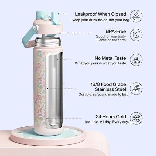 Image of ENCOOL Insulated Water Bottle with Straw Stainless Steel Water Bottle, Leak-Proof, BPA-Free, Double Wall Vacuum Keeps Cold for 24 Hours for Sports, Travel, School (26 oz, Pastel Leopard)