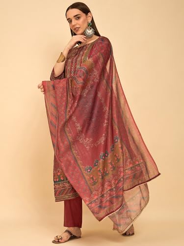 Image of SheWill Kurta Sets for Women - Red Rayon Aari Hand Work with Digital Floral Print Kurta with Pant and Chanderi Dupatta |Stylish Printed Summer Kurti Set