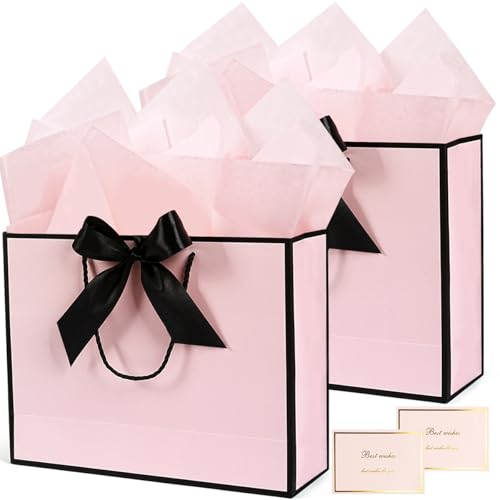 2 Stück Rosa Geschenktüten groß, Rosa Schwarz Geschenktüte Set mit Seidenpapier und Grußkarte, 32 x 11 x 25 cm Papiertüten Mitgebsel mit schleife, Geschenktaschen, Geschenktüten für Mädchen Frauen