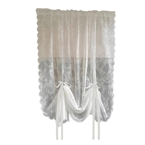 Duyeuau Cortinas de gasa bordadas de encaje blanco con bolsillos para barra, para sala de estar, dormitorio, cocina, 150 cm