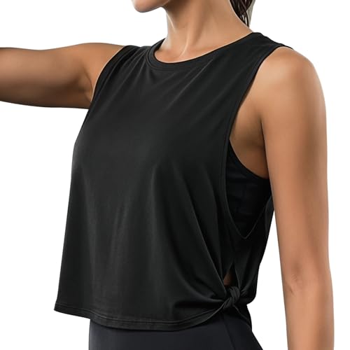 Image of Fjquamitix Gym Tops for Women UK Sleeveless Loose Fit Lightweight Tank Tops Women Activewear Soft Quick Dry Round Neck Workout Gym Vest for Summer Exercise (UK, Alpha, L, Regular, Regular, Black)