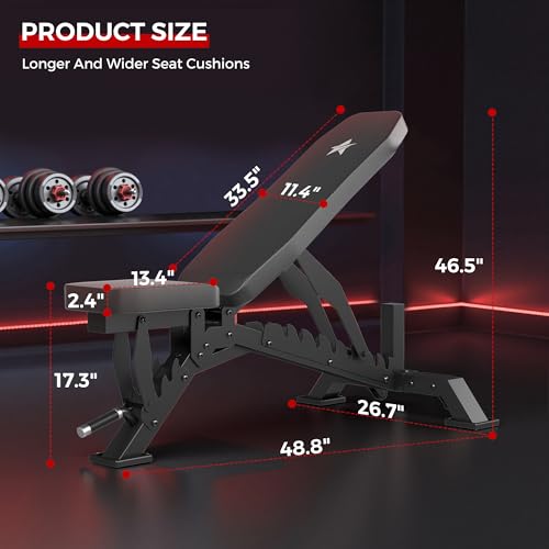 Image of Weight Bench, Adjustable Workout Bench for Home Gym Full Body Workout, 1300LBS Weight Capacity Bench Press, Flat /Incline Bench with 33 inch Extra-Long Backrest & Wheels