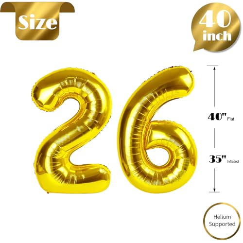 Image of Gold Number 26 Balloon 40 inch, 26 Number Balloons, 26th Gold Birthday Decorations, 26 Year Old Women Men Golden Party Supplies