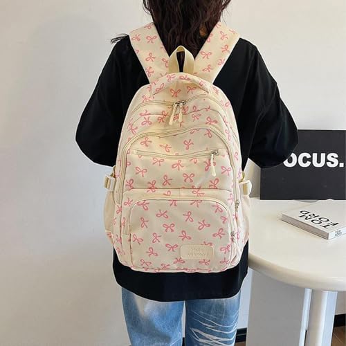 Coquette Bow Backpack for Girls, 3PCS SET Coquette Bow Backpack, Cute Kawaii Backpacks Set Large Capacity (White-Pink)3