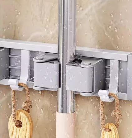 Image of STAR WORK Heavy-Duty Space Aluminum Wall Mop & Broom Holder, Waterproof Organizer with Dual Non-Slip Grips and Utility Hooks, No-Drill Adhesive Mount for Kitchen, Bathroom.(1 MOP HOLDER 2 HOOKS)