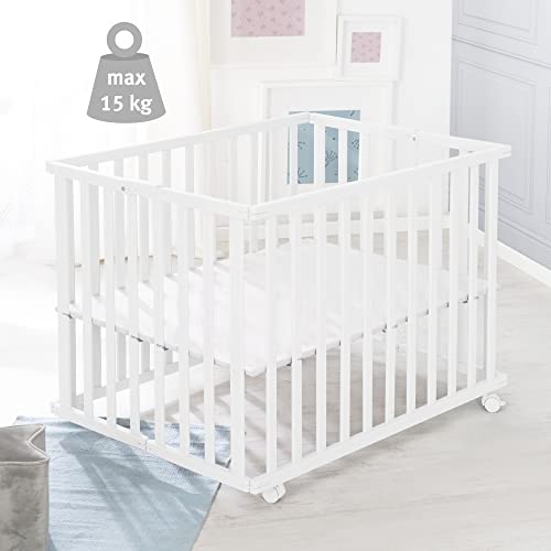 roba Laufgitter klappbar 75 x 100 cm - Platzsparender und faltbarer Baby Laufstall - Mobiles Krabbelgitter inkl. Rollen - 2-fach höhenverstellbar - Holz weiß
