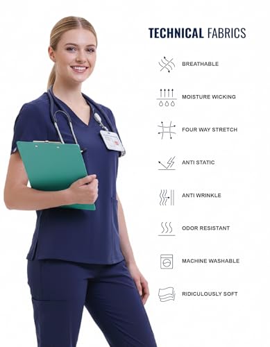 TINYLEMON Women Scrub Top - 3 Pockets V-Neck Slim Fit with Badge Loop Soft Four-Way Stretch Anti-Wrinkle Navy Blue Medium - image 3