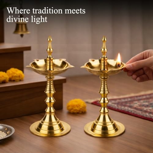 Image of Klassic 5 Inch Pure Brass Fancy Kerala Diya Oil Lamp Stand (Vilakku) | Traditional Deepam for Mandir & Temple Use | Ideal for Diwali, Navratri & Daily Worship | Set of 2