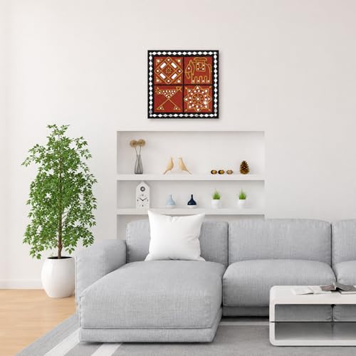 Image of Ethnics of Kutch Traditional Kutch Handicraft Mud-Mirrorwork Lippan Kam Wall Art (Water and Break Resistant) - Square (12 inch x 12 inch) - (Maroon - LKT-0205)