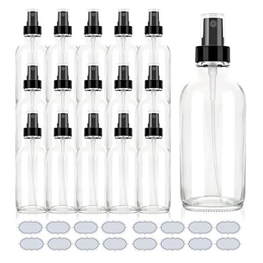 Clear Glass Spray Bottles 4oz ULG Fine Mist Sprayers Empty Spray Atomizer for Essential Oils Aromatherapy Cosmetic Sprays Including Waterproof DIY Labels 16 Piece