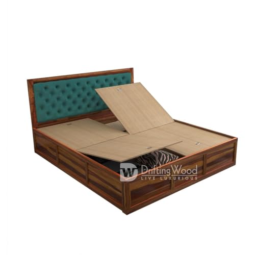Image of DRIFTINGWOOD Dolvi Solid Sheesham Wood King Size Bed with Storage | Wooden Double Bed Cot Bed with Box Storage & Turquoise Green Velvet Upholstered Cushioned Headboard for Bedroom | Honey Finish
