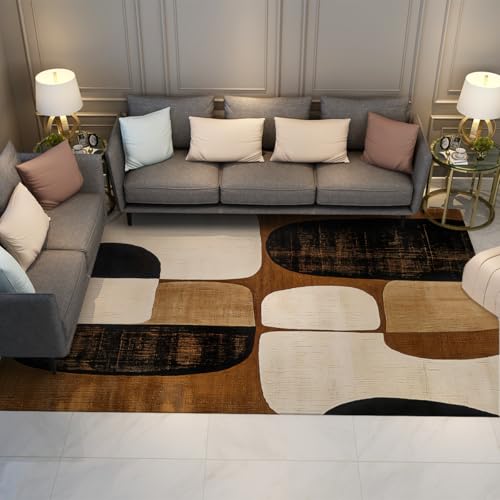 LINGINkevin Urban Nomad Style Area Rug 2'2'x4' Black & Mocha & Cream Color Blocks Patchwork Pattern Thin Door Mats Cozy Minimalist Farmhouse​Decor