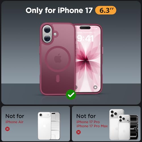 Image of Miracase Magnetic for iPhone 17 Case (Compatible with MagSafe) with Screen Protector Military-Grade Protection, Anti-Fingerprint Translucent Matte Phone Cover for iPhone 17 6.3 inch,Wine Red