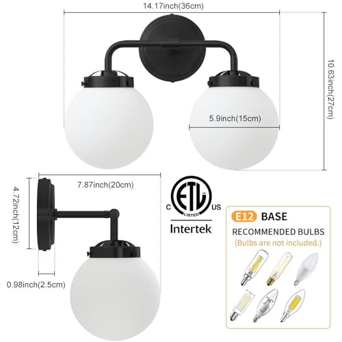 Image of Bathroom Light Fixtures 14in 2-Light Matte Black Vanity Lights for Mirror | Bathroom Lighting Fixtures over Mirror, ETL, Brushed Brass Wall Sconce, Dimmable E12 Base Max 60W, Milky Glass Ball Shades