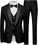 WULFUL Men's 3 Piece Suits Slim Fit Tuxedo Suit Set One Button Shawl Lapel Blazer Jacket Vest Pants Set for Prom, Business Black