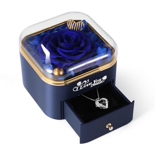 Mikasol Rosa Preservada en Caja de Joyería Elegante - Regalo Romántico Ideal para Mujeres, Aniversario, San Valentín, Día de la Madre, Azúl, Dimensiones: 12,4x11,4x10,4 cm